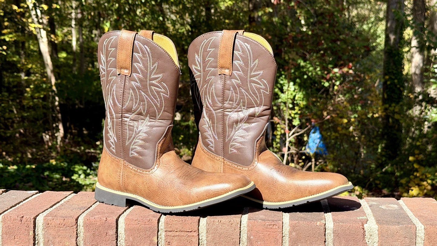 Mens Retro Western Cowboy Boots Embroidered Square Toe Mid Calf Boots Sz 45 / 11