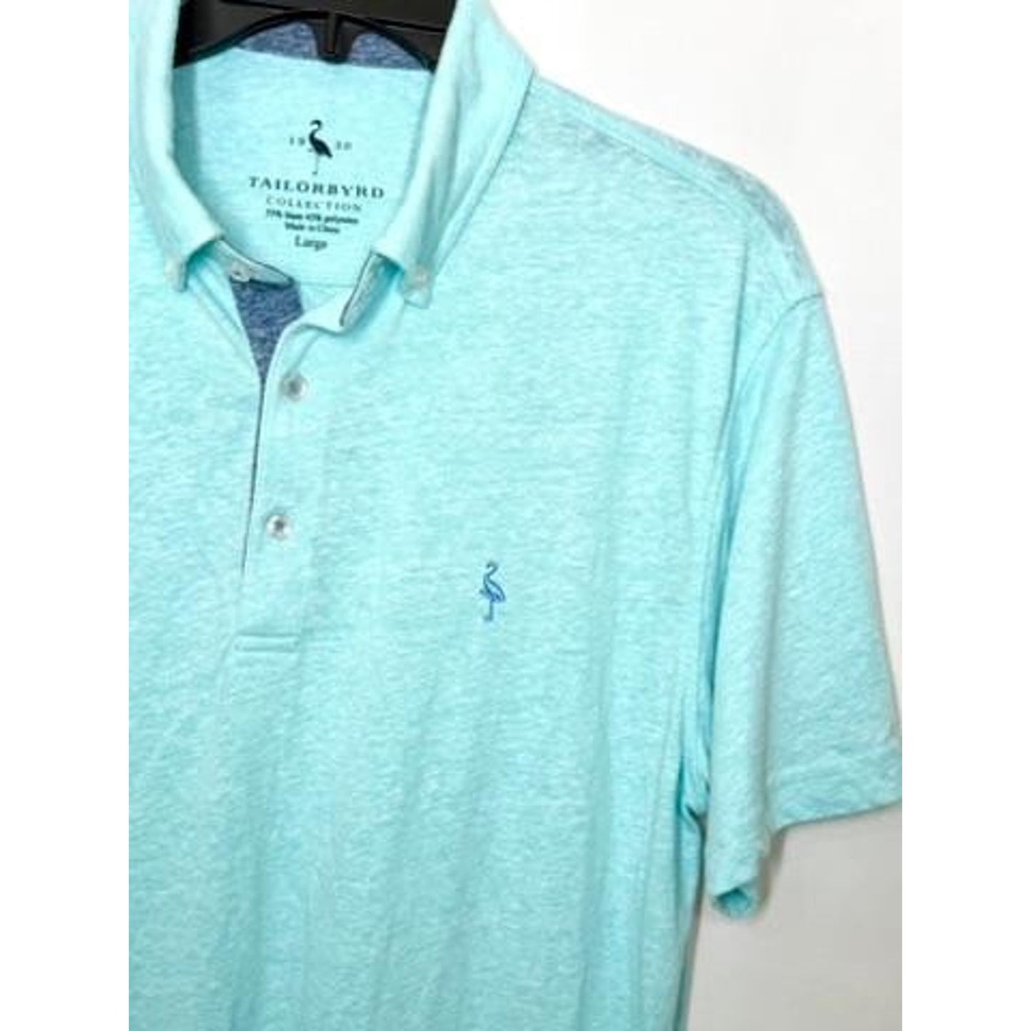 Tailorbyrd Collection Polo Shirt Mens Large Teal Aqua Blue Linen Blend Flamingo