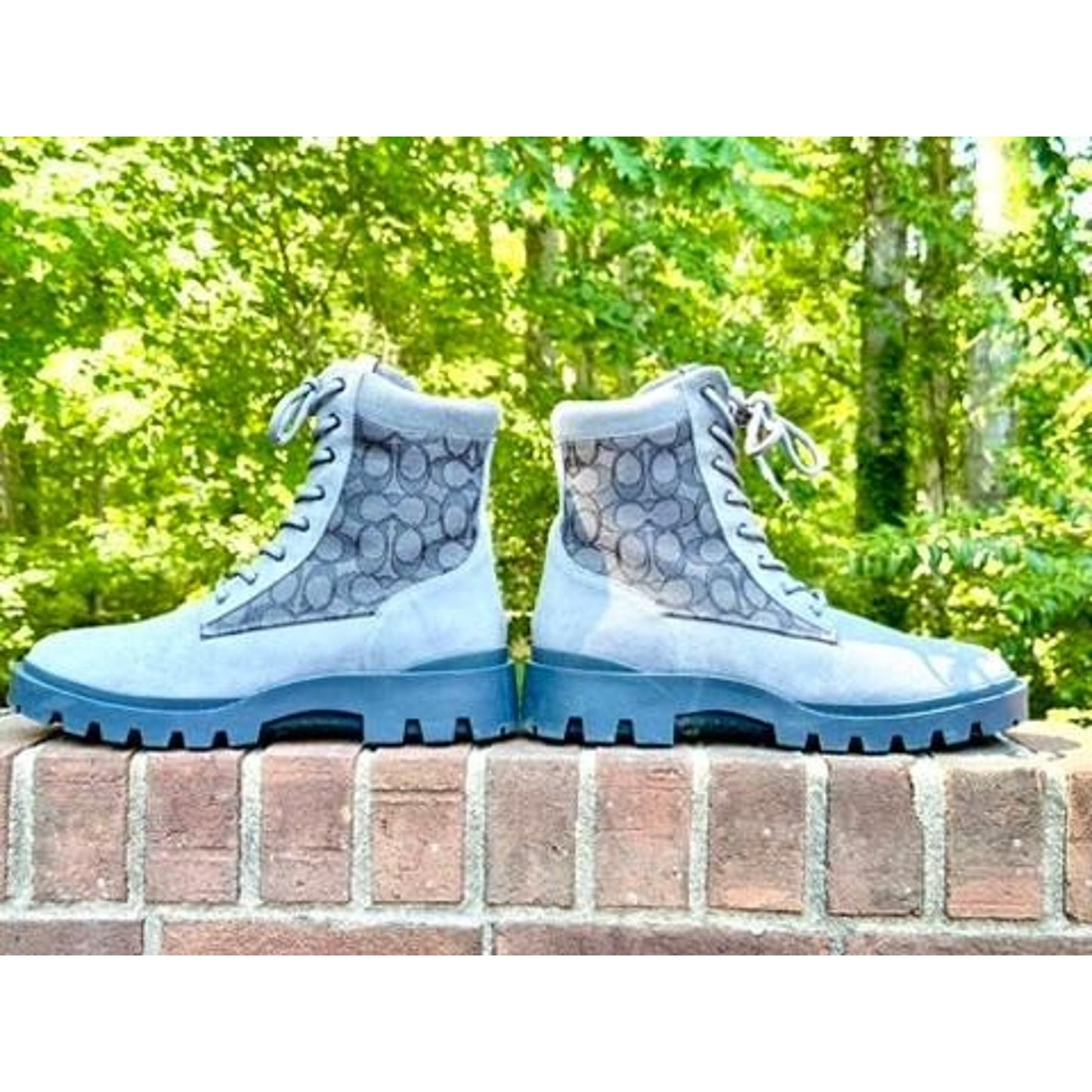 Coach Women Blue Suede Signature Canvas Combat Boots Lace Up Side Zip Lug Sole