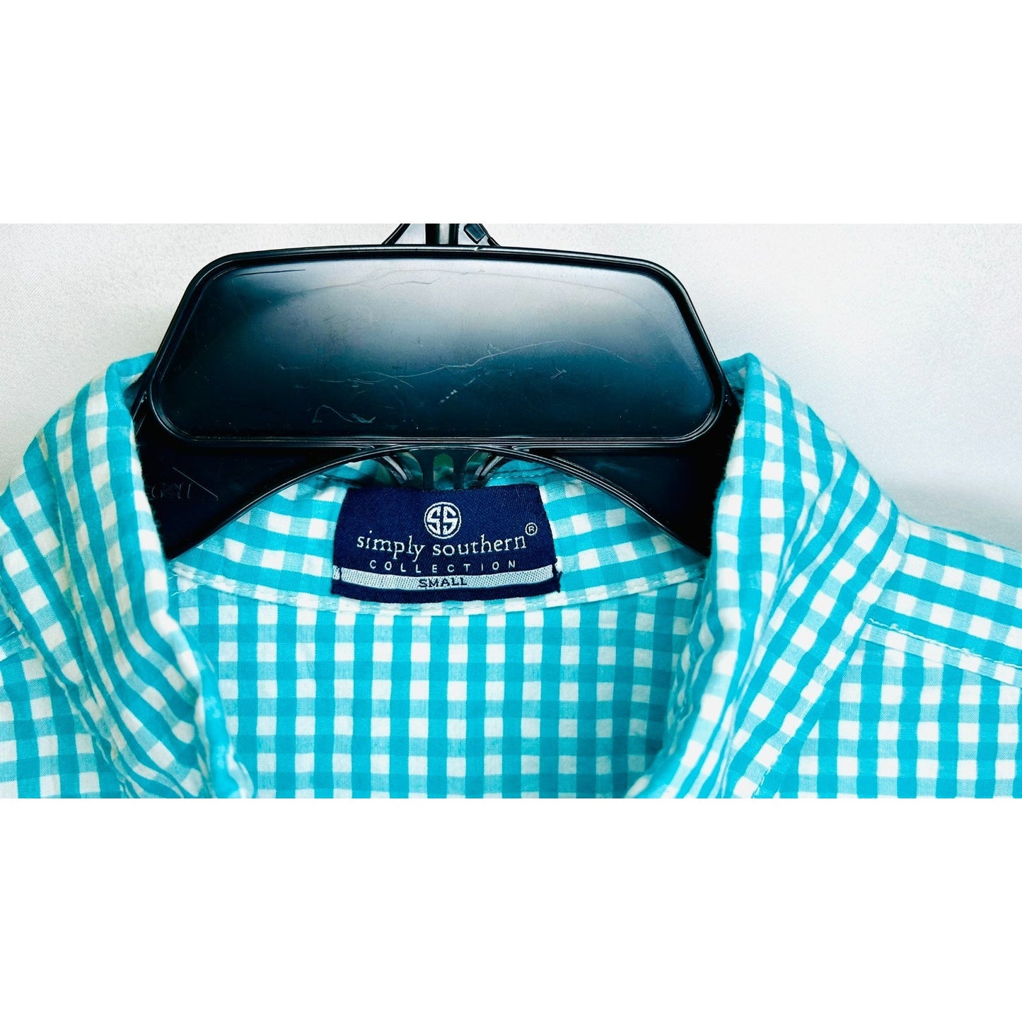 Simply Southern Button Down Shirt Mens Small Teal Green Plaid Logo Collared L/S