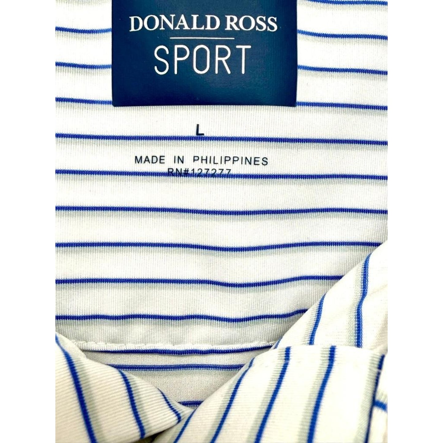 Donald Ross Sport Mens Large Blue White Striped Golf Polo Shirt Short Sleeve