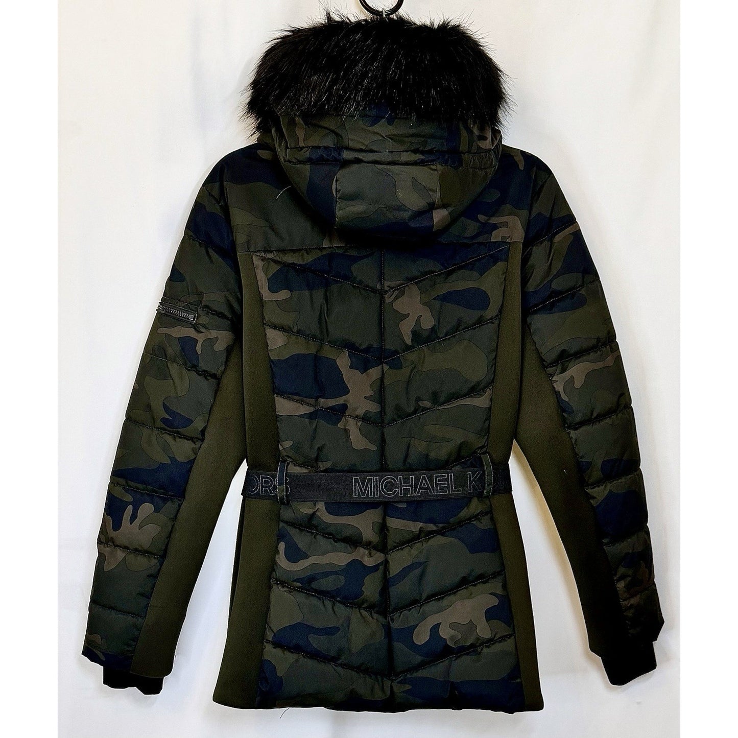 Michael Kors Camo Puffer Faux Fur Trim Hooded Coat Jacket Belted Size Large NWOT