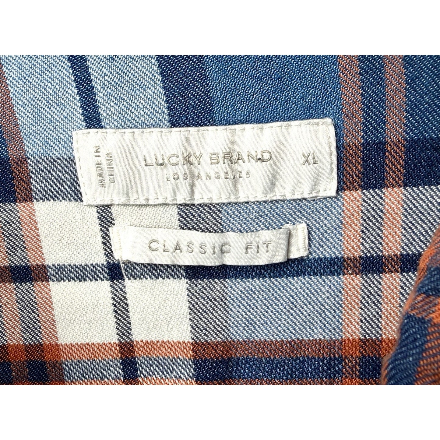 Lucky Brand Men's XL Flannel Shirt Classic Fit Blue Orange Plaid Double Pocket