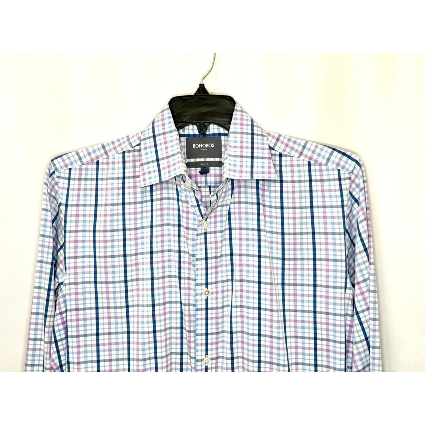 Bonobos Stretch Shirt Mens 16 36 Slim Fit Plaid Long Sleeve Button Up Blue