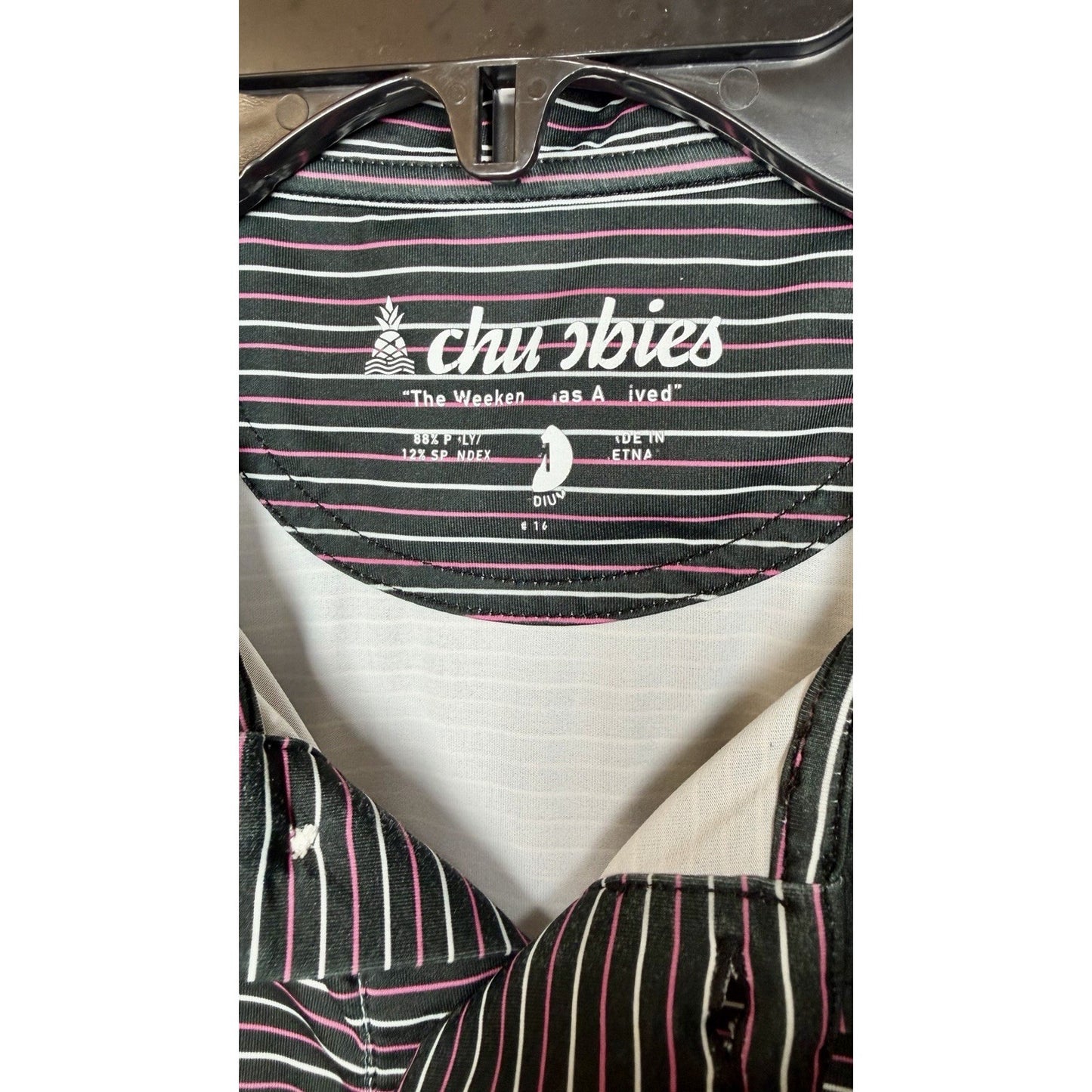 Chubbies Performance Golf Polo Shirt Navy Blue Striped Flamingo Mens M Medium