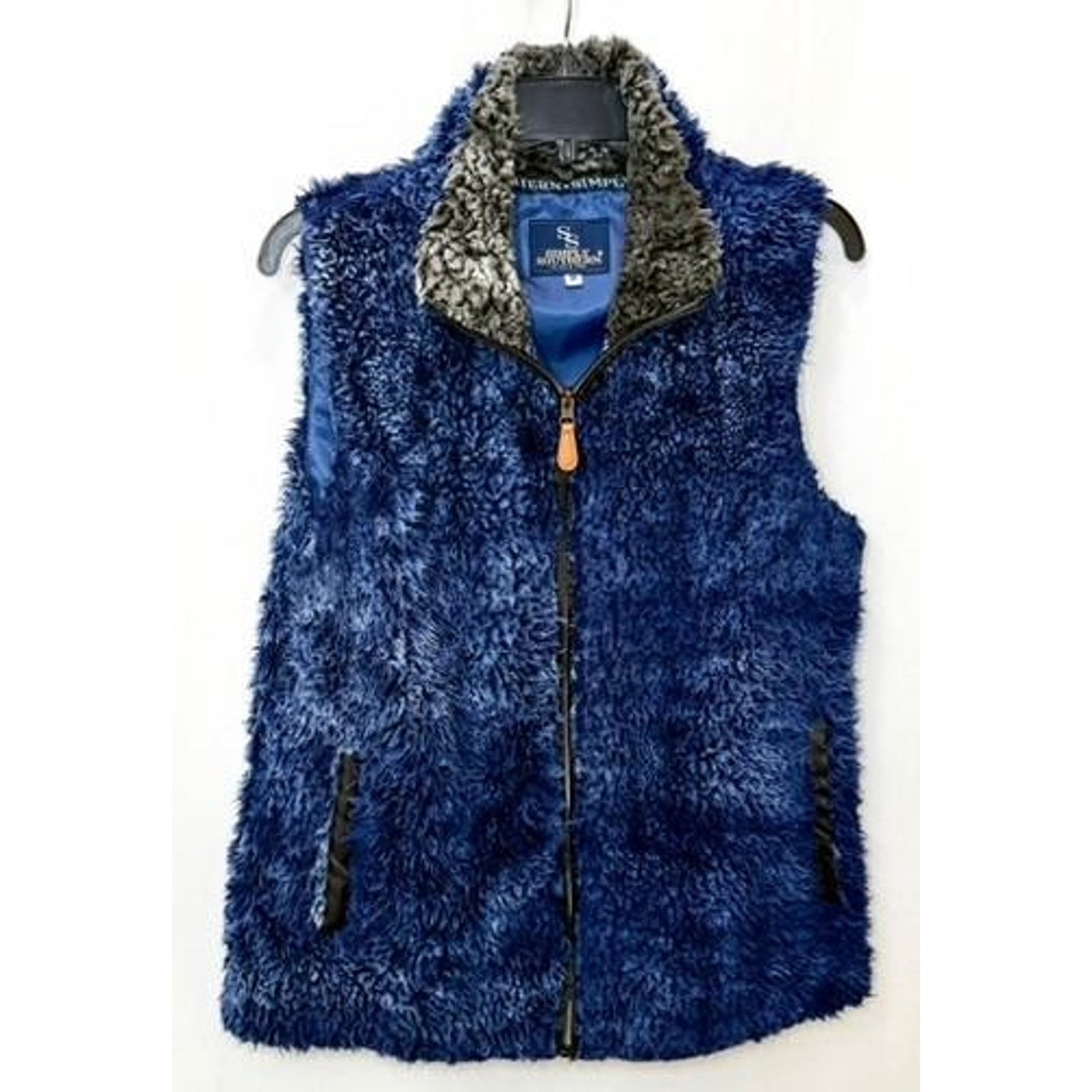 Simply Southern Sherpa Fleece Vest Womens Medium Blue Full Zip Faux Fur Collar