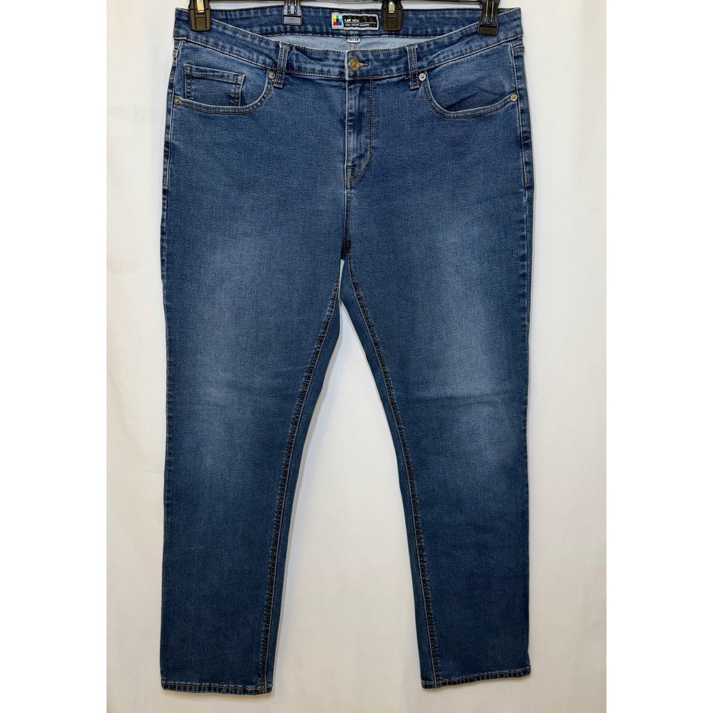 UB Tech Jeans Mens Travel Explore Discover Straight Stretch Denim Blue 38x32