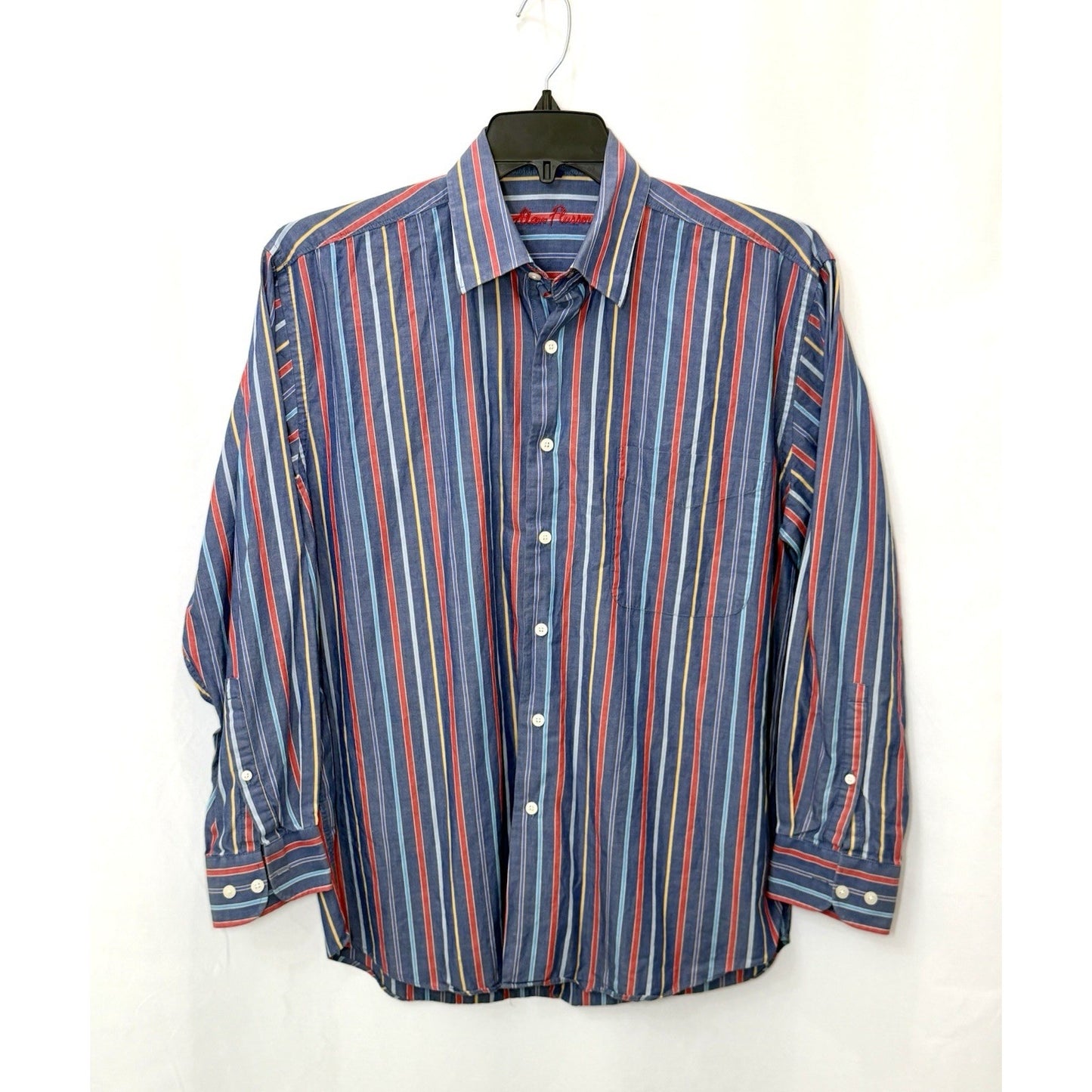 Alan Flusser Mens Medium Striped Button Shirt Blue Red Yellow LS Dress Casual EX