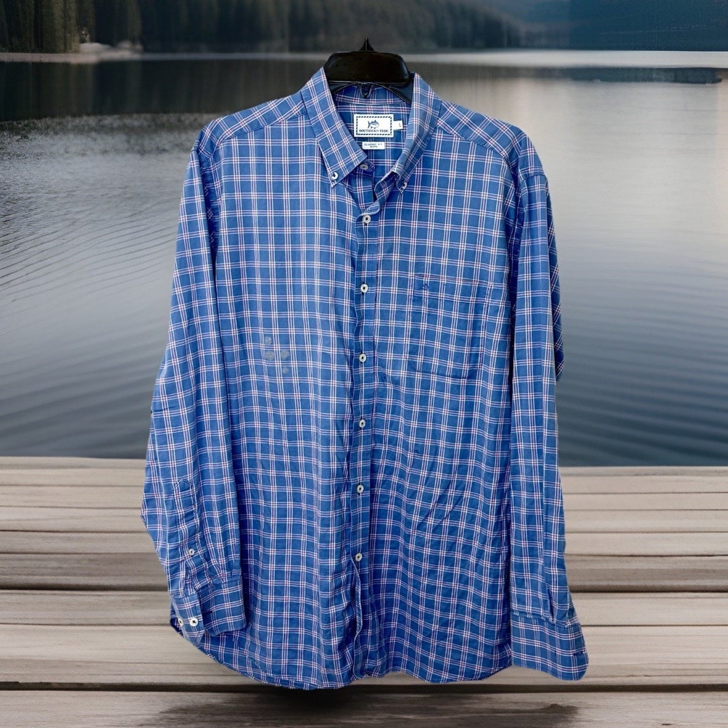 Southern Tide Shirt Mens Large Skipjack Heather Blue Plaid Sport Button Down
