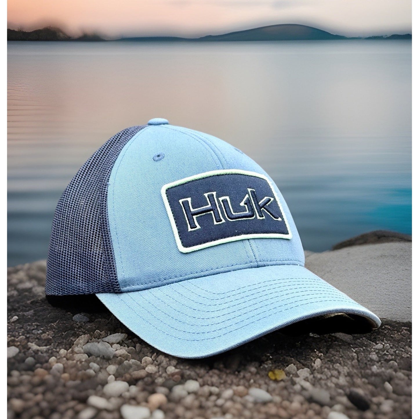 Huk Fishing Trucker Hat Cap Navy Blue Snap Back Mesh Logo
