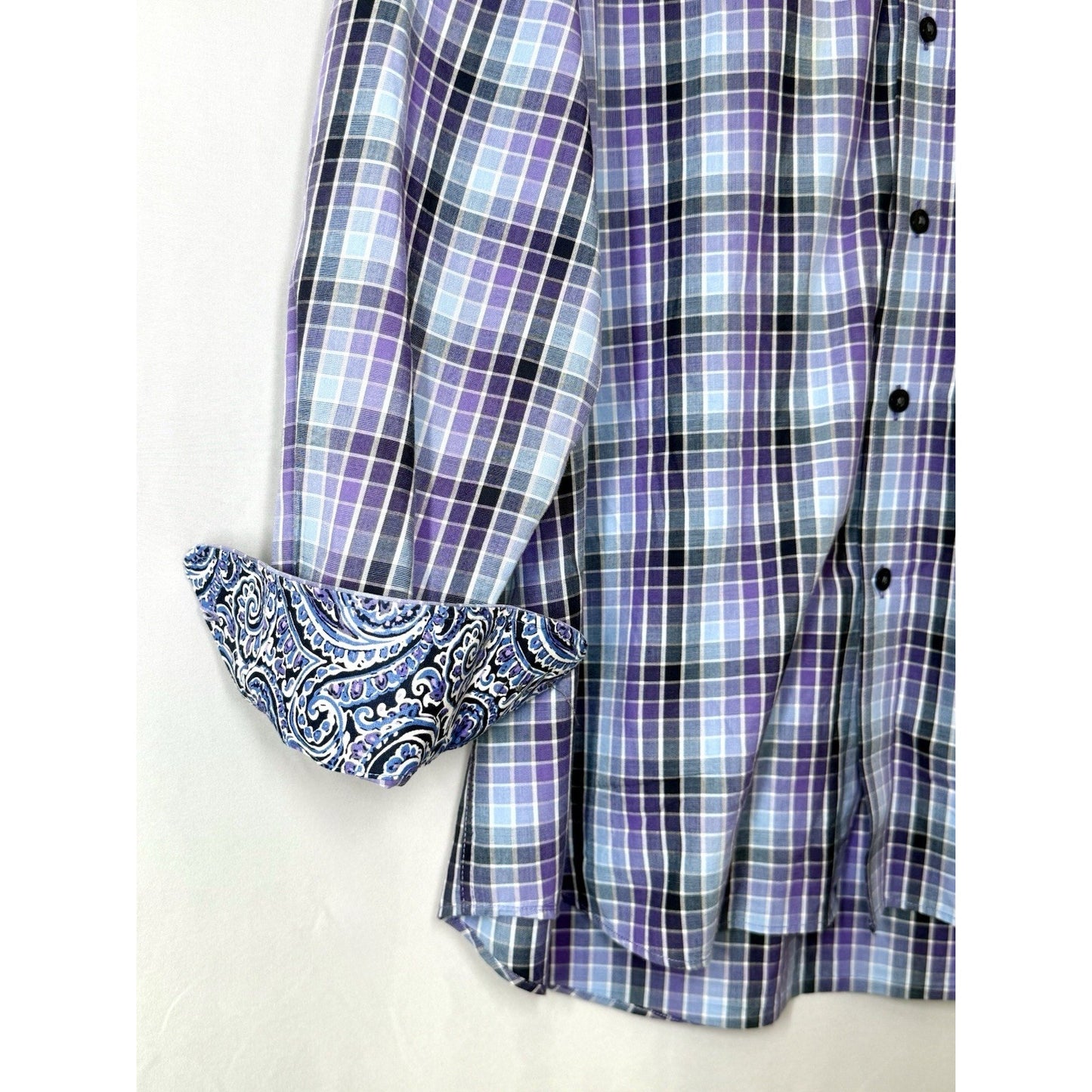 Alan Flusser Mens Medium M Purple Plaid Paisley Trim LS Button Front Sport Shirt