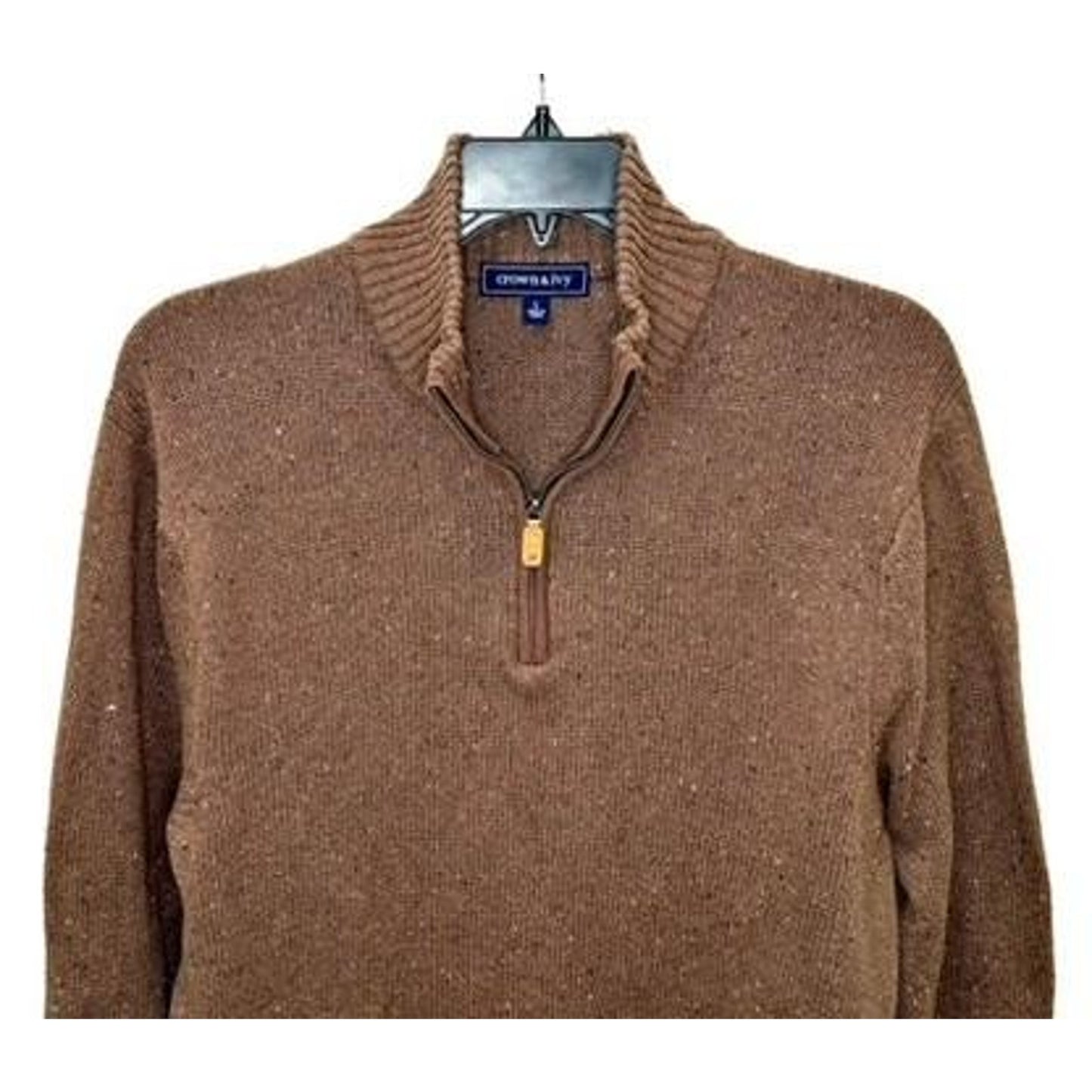 Crown & Ivy Mens Large Brown Tweed Knit 1/4 Zip Pullover Sweater Cotton Blend