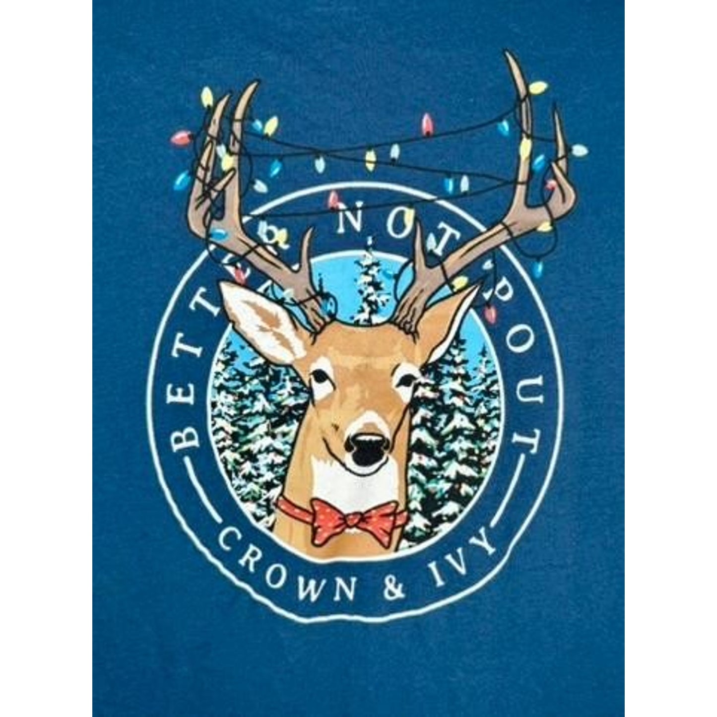 Crown & Ivy Better Not Pout Christmas Deer T-Shirt Mens Large Blue Long Sleeve