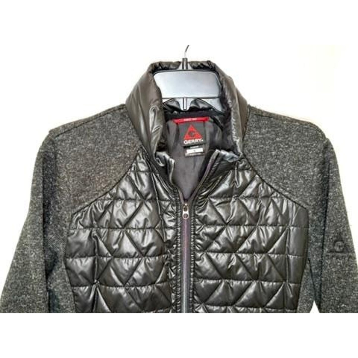 Gerry Womens Quilted Hybrid Jacket Large Black Gray Full Zip Hooded Fleece