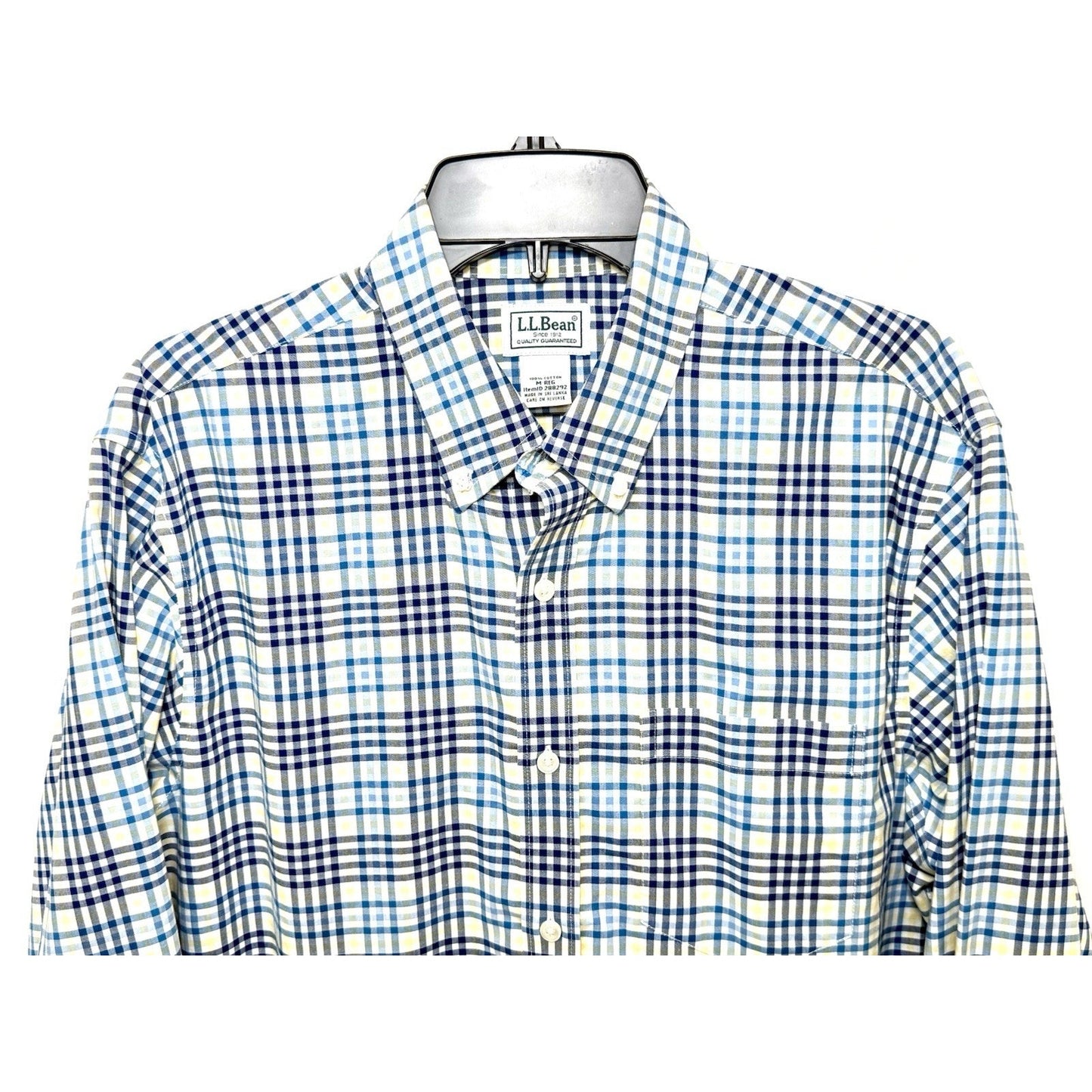 LL Bean Shirt Mens Medium White Blue Yellow Plaid Button Up Long Sleeve Cotton