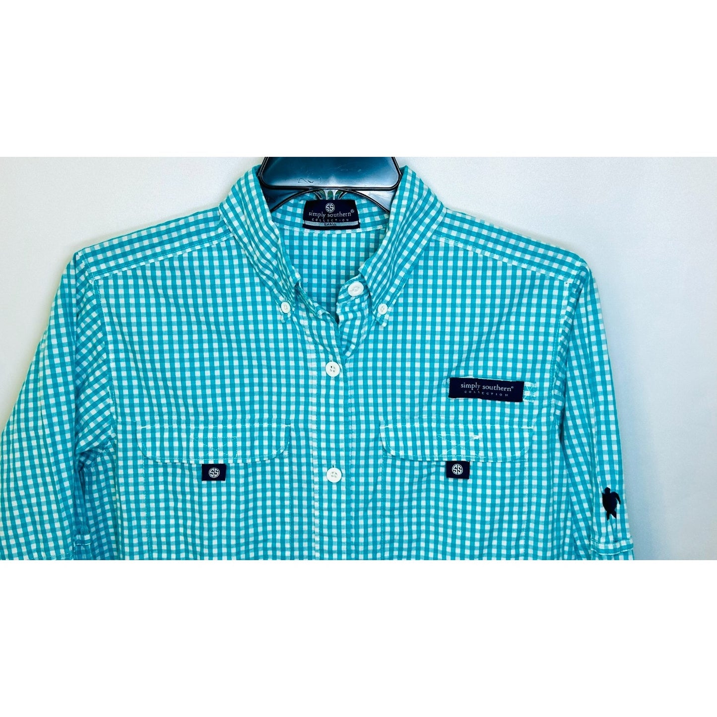Simply Southern Button Down Shirt Mens Small Teal Green Plaid Logo Collared L/S