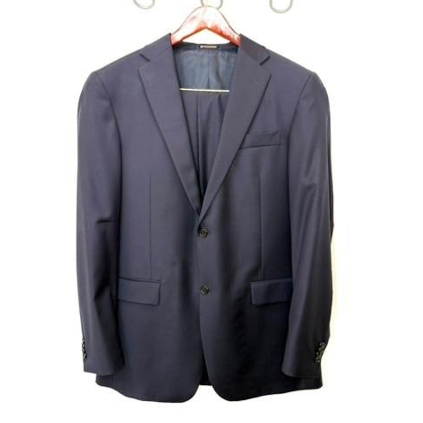 Hart Schaffner Marx Mens 2 Piece Suit 41L Navy Blue Wool Blend Pleated Pants USA