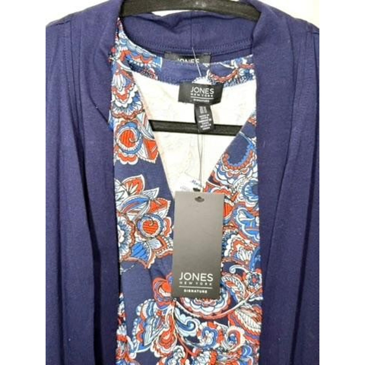 Jones New York Signature 2 Piece Knit Set Cardigan Paisley Tank Top Navy Blue