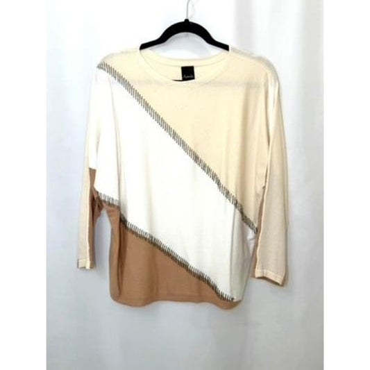 Aaeda Colorblock Beaded Knit Sweater Womens Medium Beige White Tan Pullover