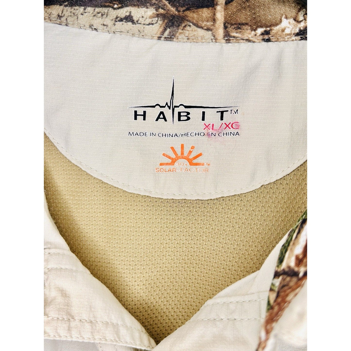 Habit Solar 30+ Factor Beige Realtree Button Up Fishing Men's Shirt 100% Nylon