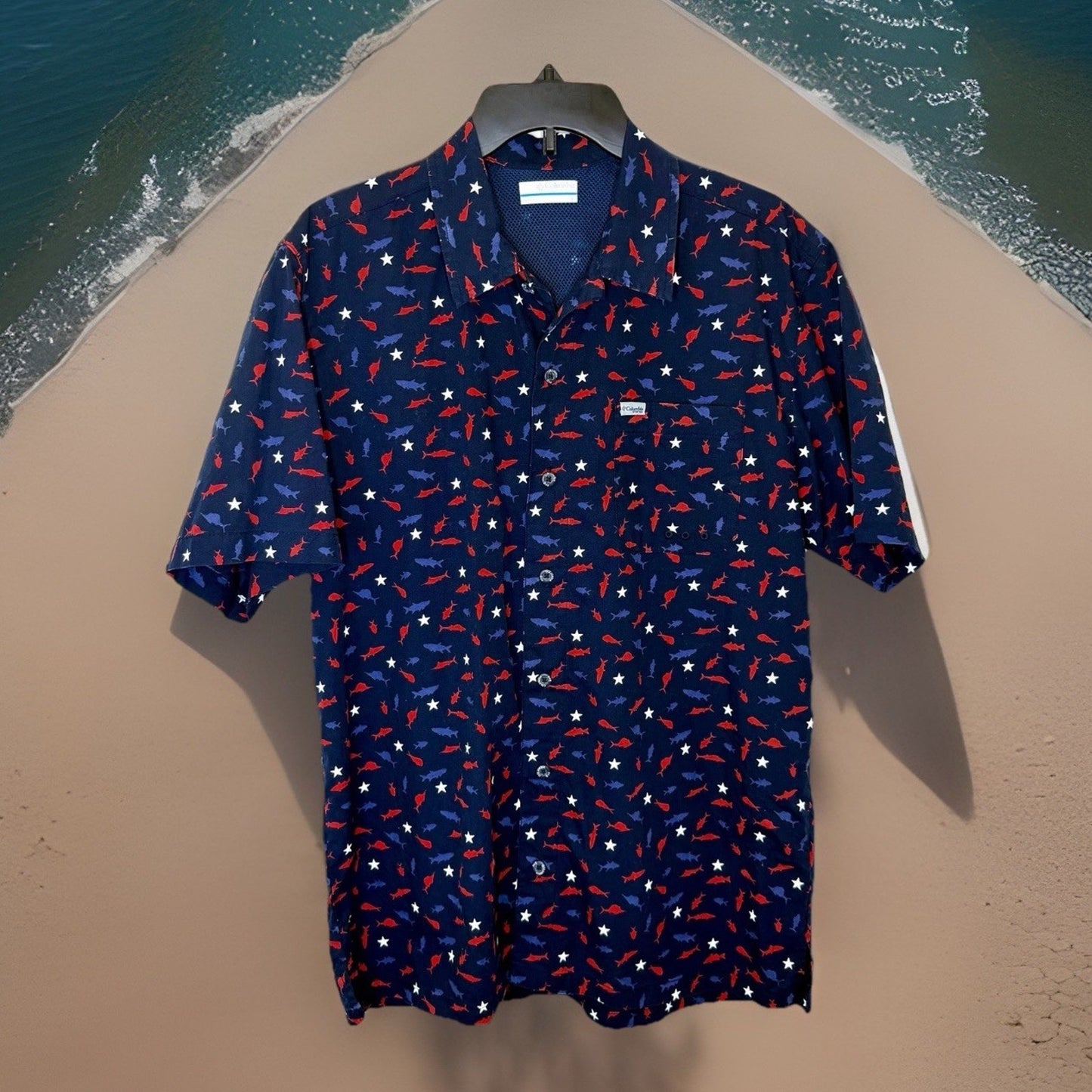 Columbia PFG Fish All OverShort Sleeve Button Front Shirt Men's Small Blue