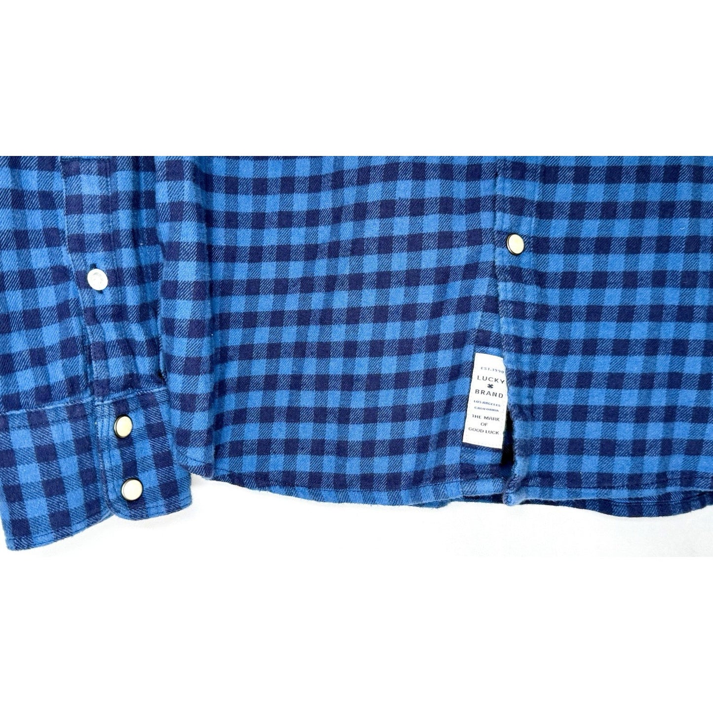 Lucky Brand Saturday Stretch Blue Plaid Men’s Large Pearl Snap Flannel Shirt
