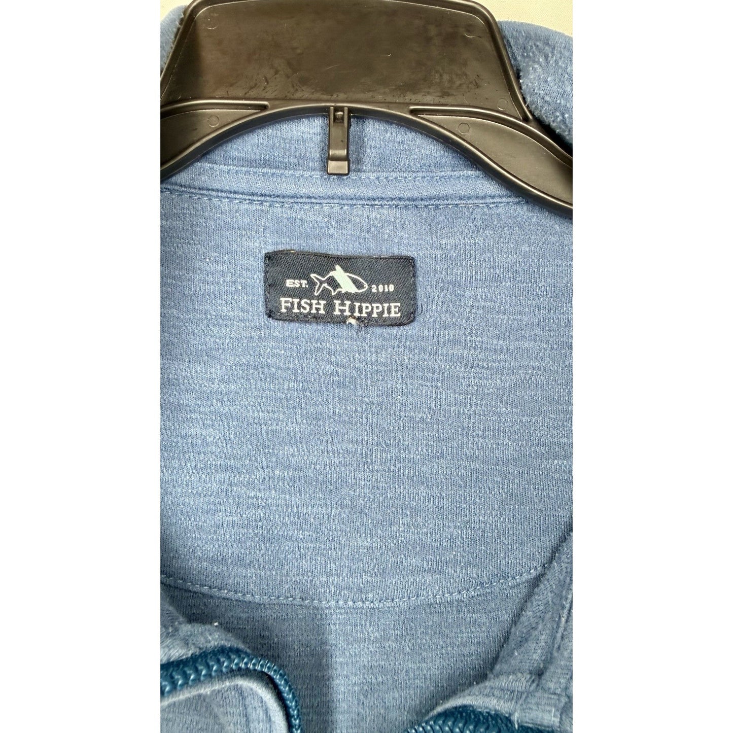 Fish Hippie 1/4 Zip Pullover Large Sweater Jacket Preppy Embroidered Light Blue