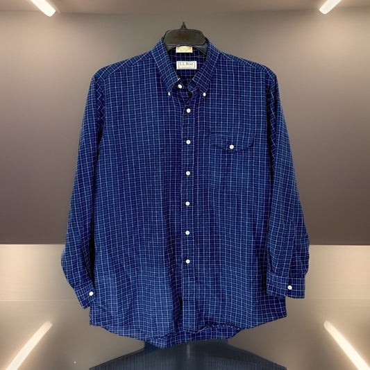 Vintage LL Bean Green and Navy Plaid Button Down Shirt Made in USA Men Sz 17-34