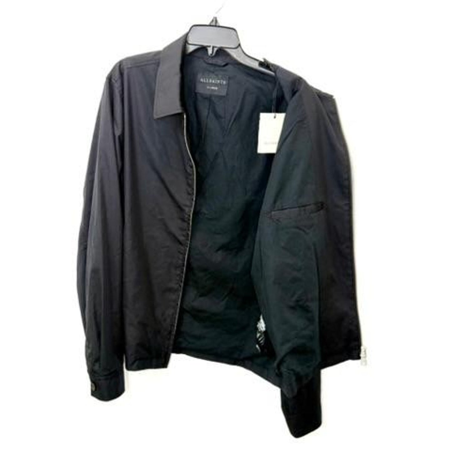 AllSaints Trey Jacket Mens XL Jet Black Cotton Blend Full Zip Harrington Coat
