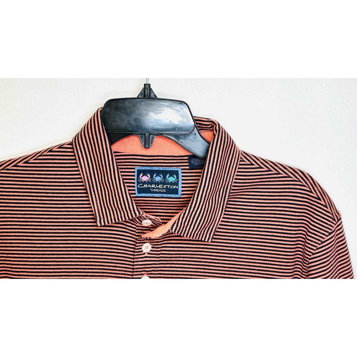 Charleston Threads Golf Polo Shirt-Men's Large- Navy & Orange Striped Activewear