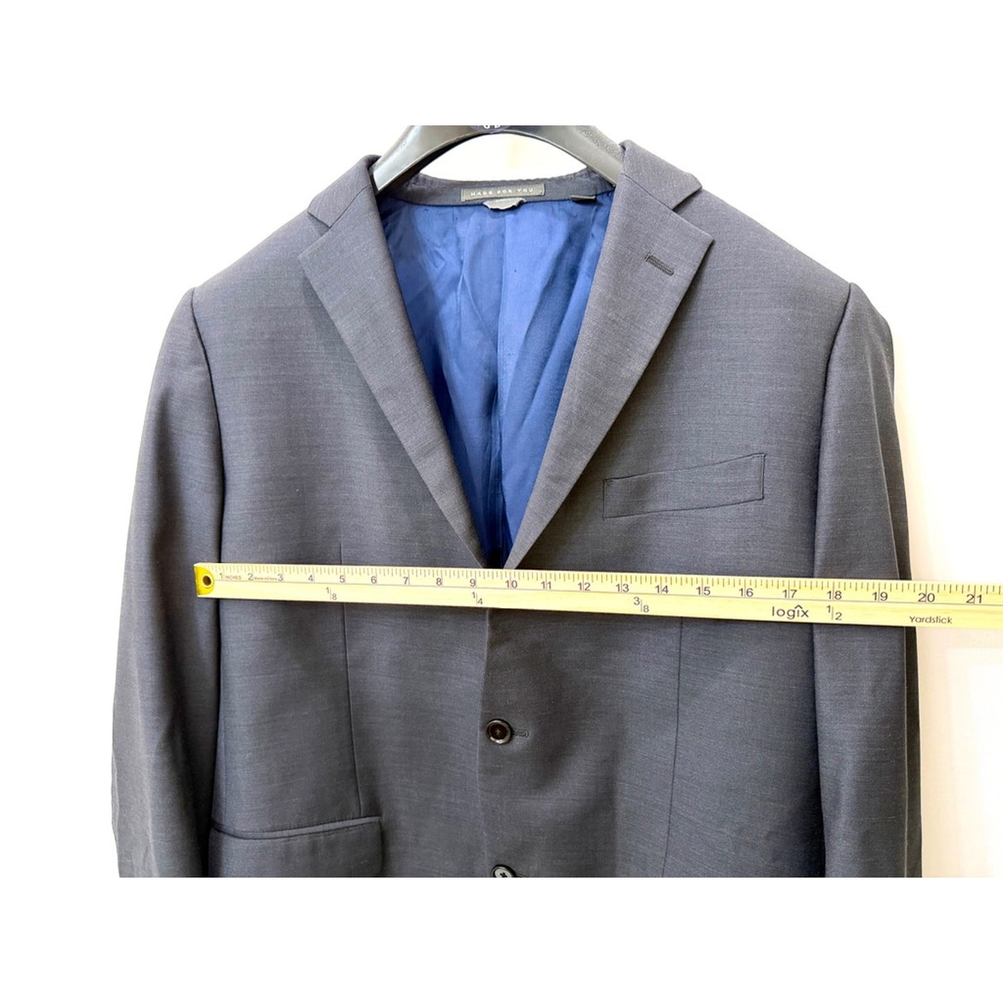 Indochino Mens Custom Suit Jacket Blazer Gray Blue Lining Two Button