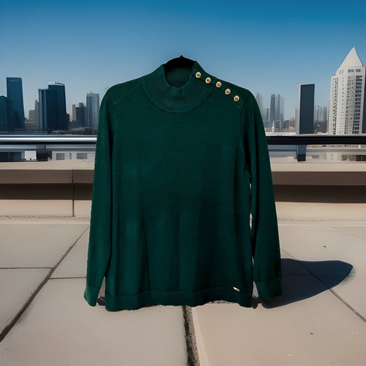 Calvin Klein Womens Turtleneck Dark Green Sweater Long sleeve M Gold Buttons