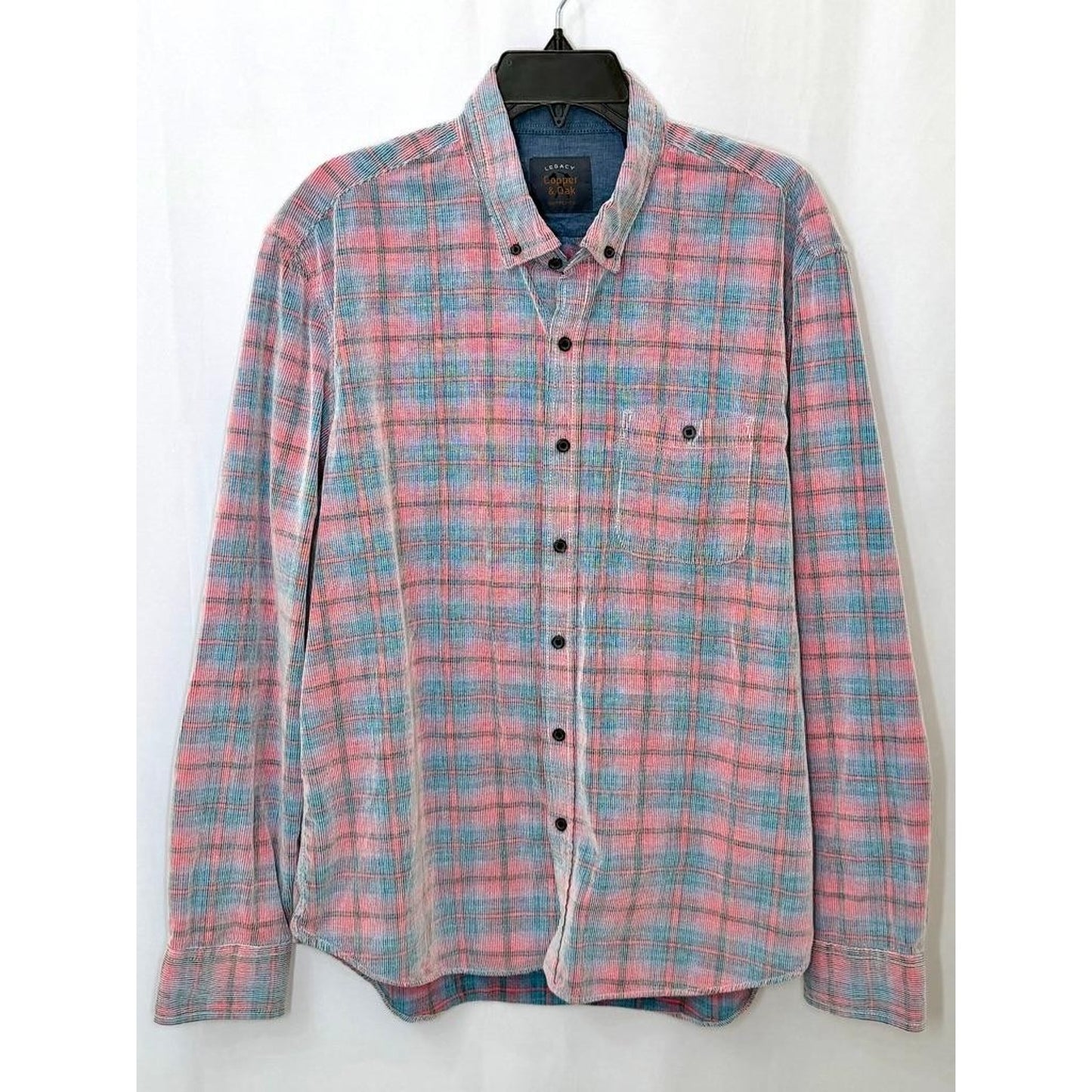 Legacy Copper & Oak Corduroy Shirt Mens XL Pink Blue Plaid Long Sleeve Button Up