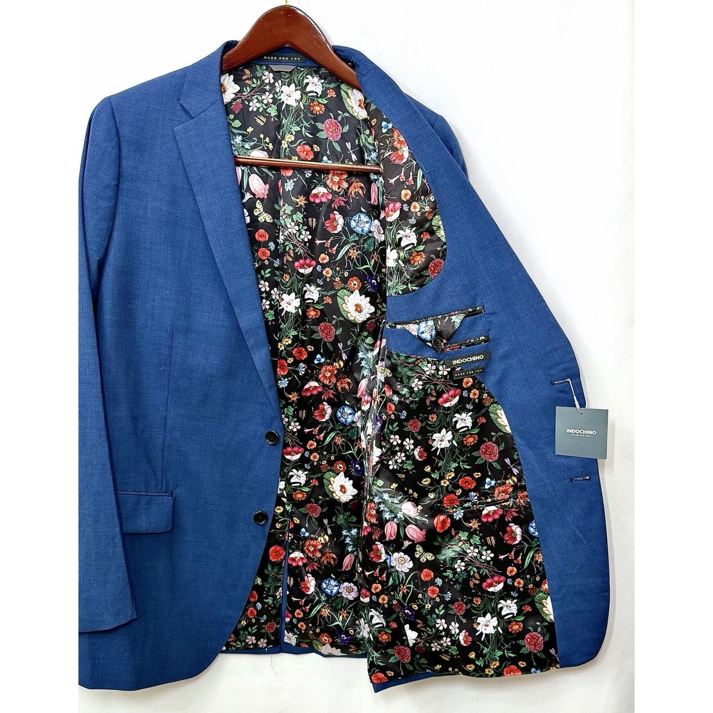 NWT Indochino Custom Blue/Floral Men Sport Coat Blazer Jacket Wool/Silk Size 46R