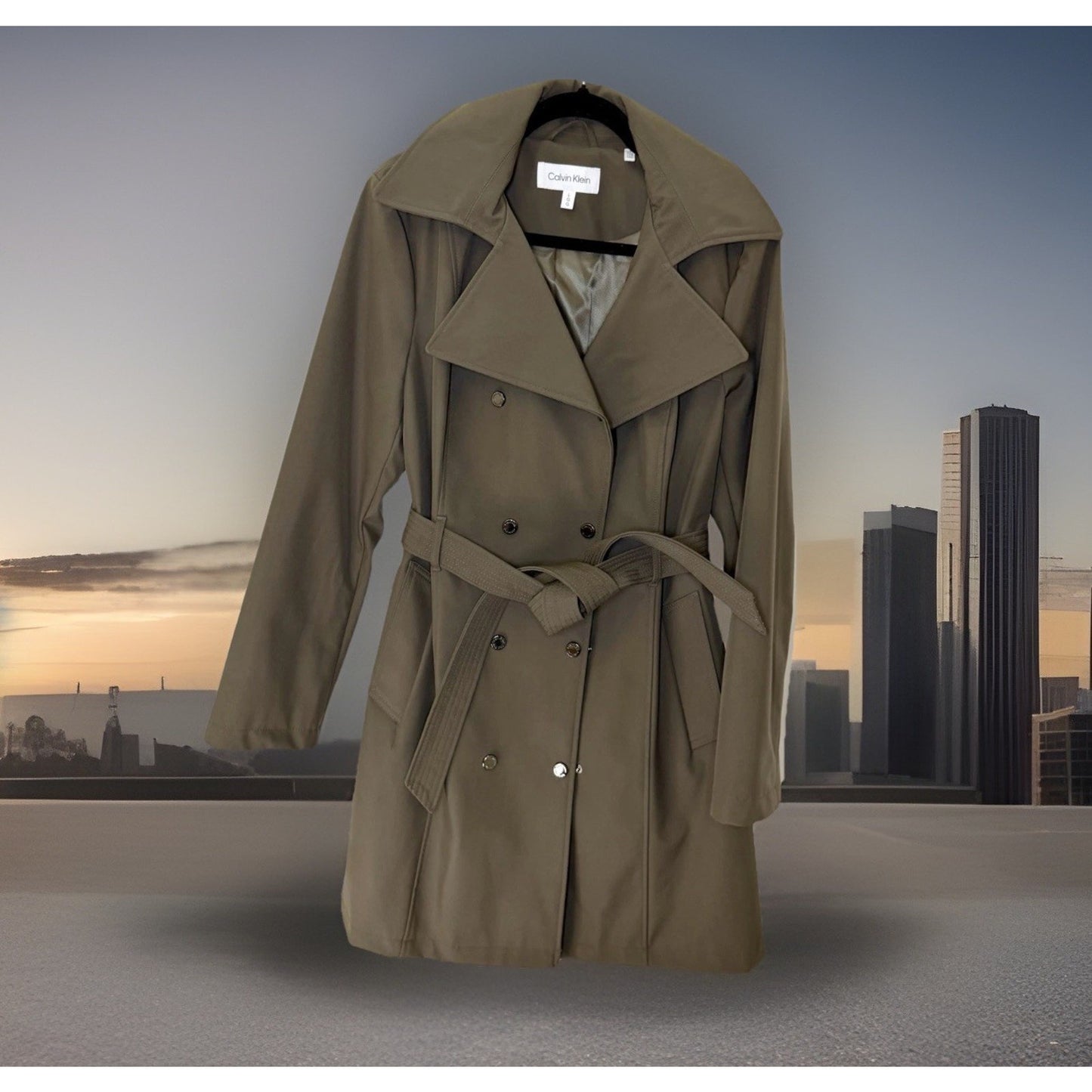 Calvin Klein Womens Trench Coat Removable Hood Size Large Color Twig (Worn Once)