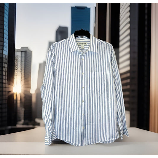 Banana Republic Shirt Men’s L 16-16.5 Button-Up Blue Striped Long Sleeves Cotton