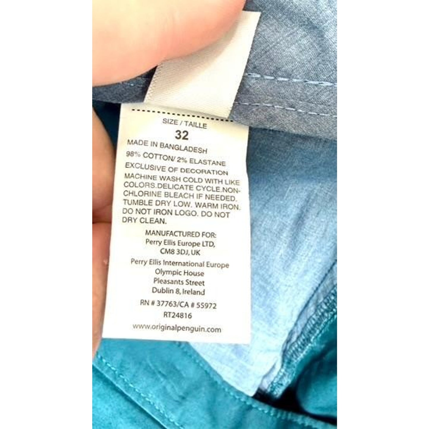 Original Penguin Mens Chino Shorts Size 32 Teal Blue Cotton Blend Stretch