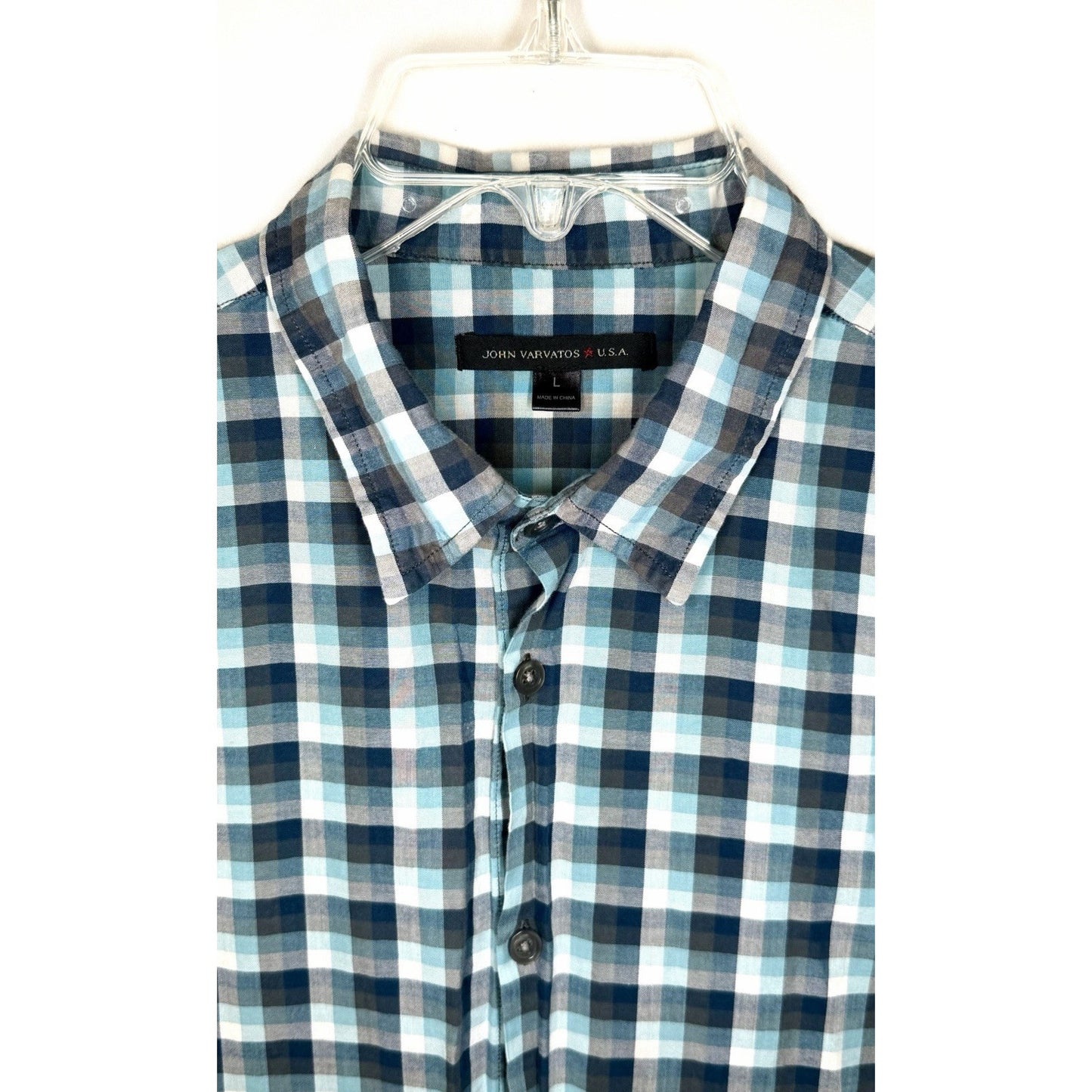 John Varvatos USA Mens Size Large Blue Check Short Sleeve Button Up Shirt