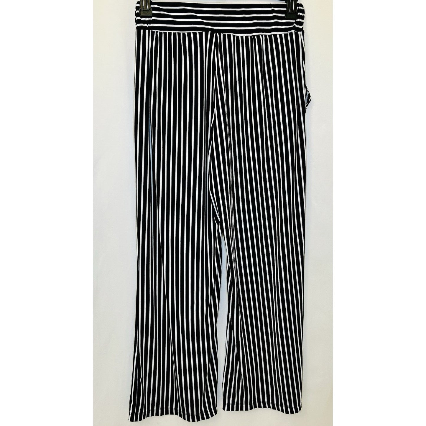 Robert Louis Stretchy Pants White/Black Pen Stripe Size M Pull On Wide Leg