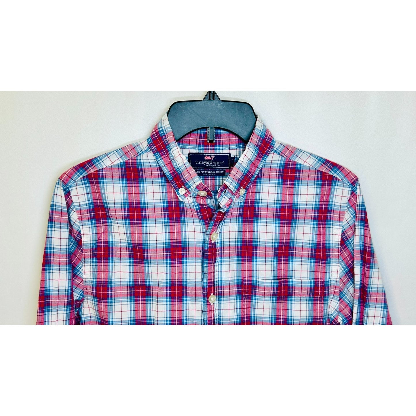 Vineyard Vines Slim Fit Tucker Shirt Men's X-Small plaid blue pink long sleeve