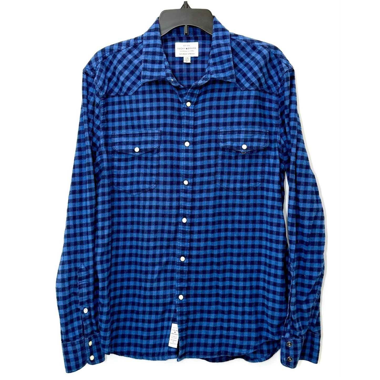 Lucky Brand Saturday Stretch Blue Plaid Men’s Large Pearl Snap Flannel Shirt