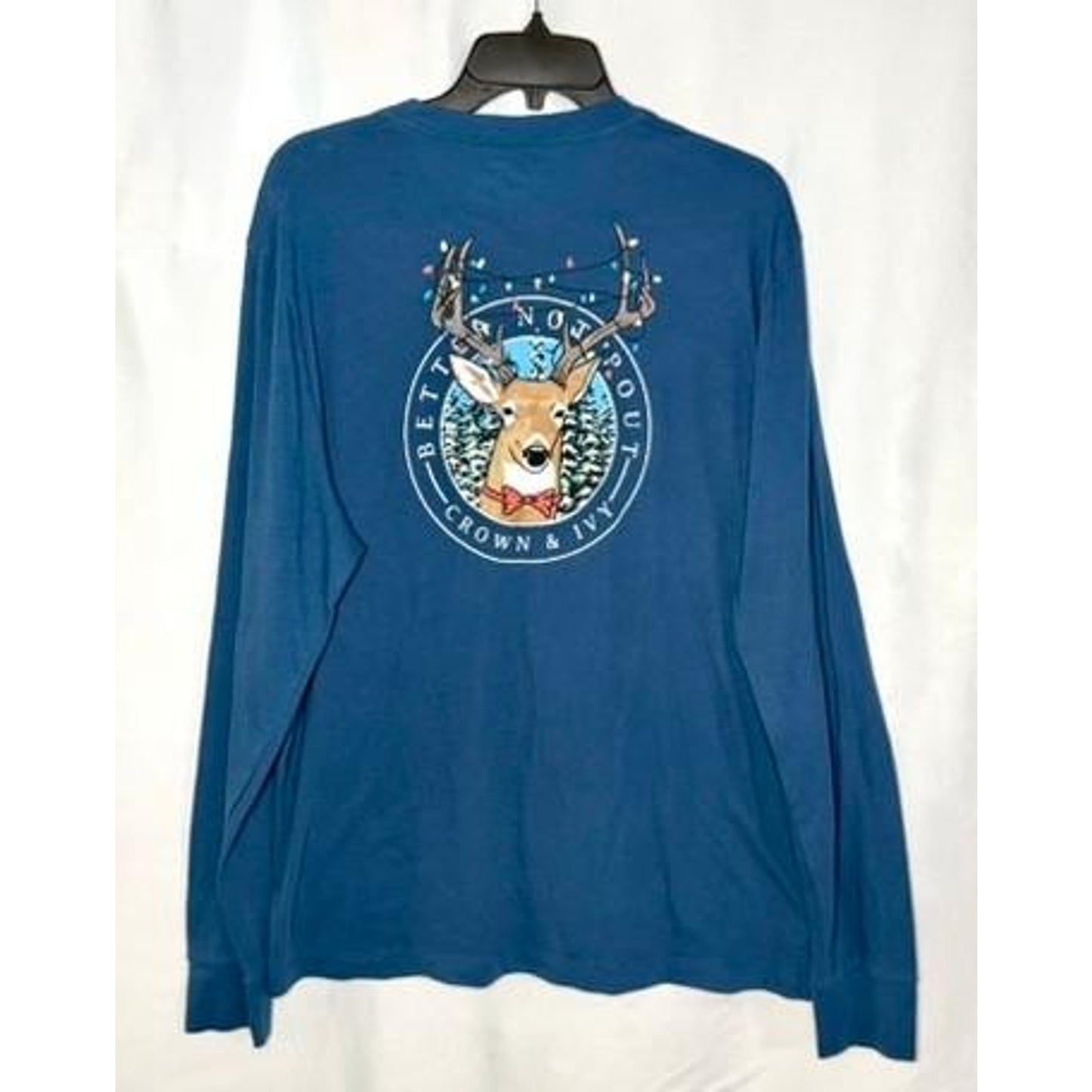 Crown & Ivy Better Not Pout Christmas Deer T-Shirt Mens Large Blue Long Sleeve