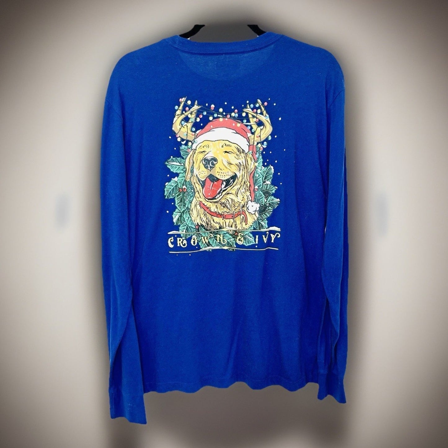 Crown & Ivy Men’s Large Blue Long Sleeve Golden Retriever Christmas Graphic Tee