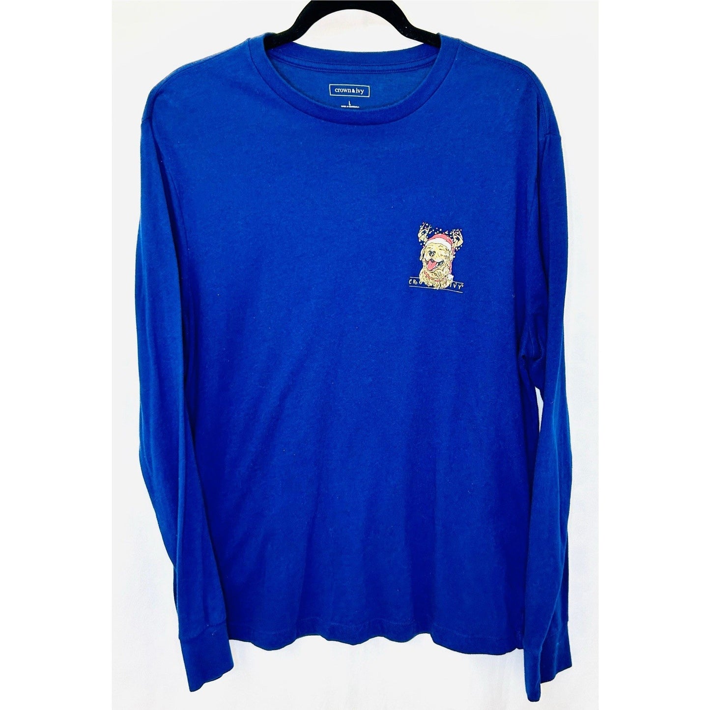 Crown & Ivy Men’s Large Blue Long Sleeve Golden Retriever Christmas Graphic Tee
