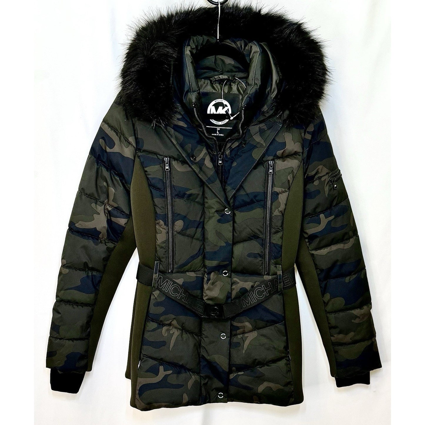 Michael Kors Camo Puffer Faux Fur Trim Hooded Coat Jacket Belted Size Large NWOT