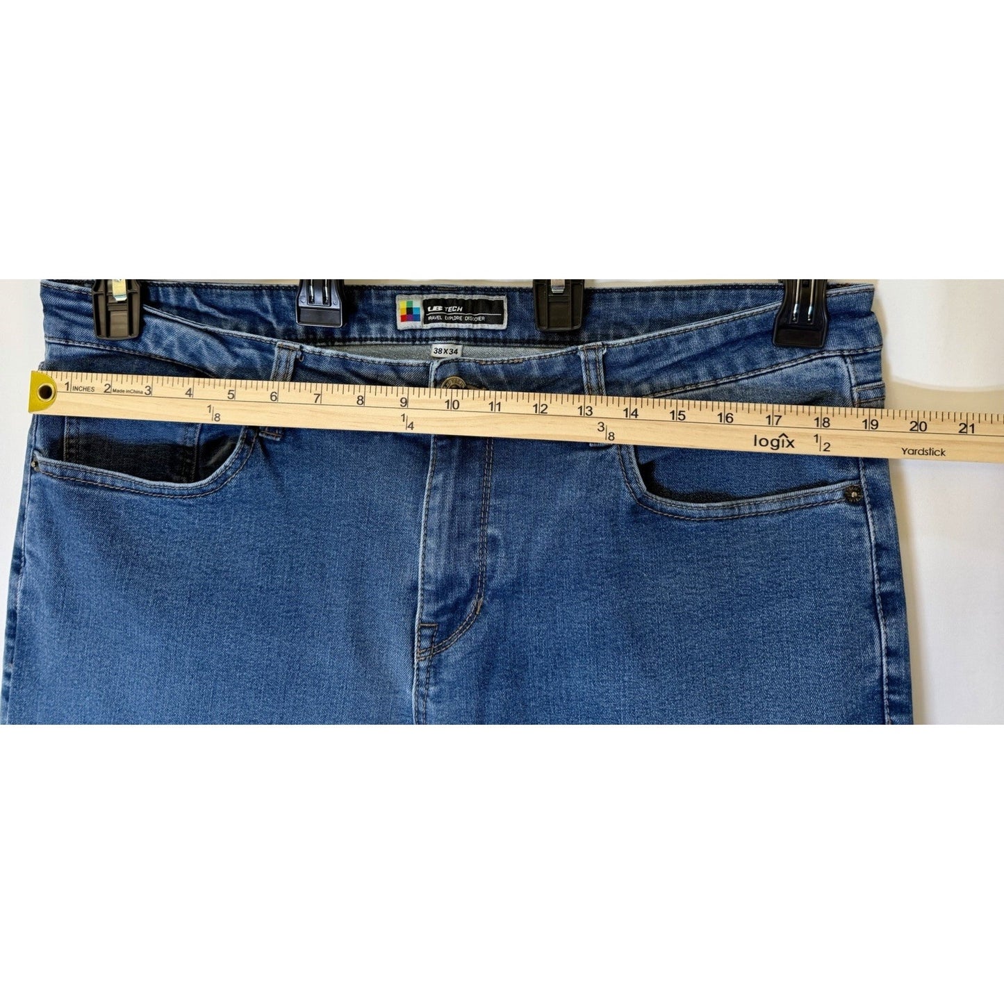 UB Tech Jeans Mens Travel Explore Discover Straight Stretch Denim Blue 38x32
