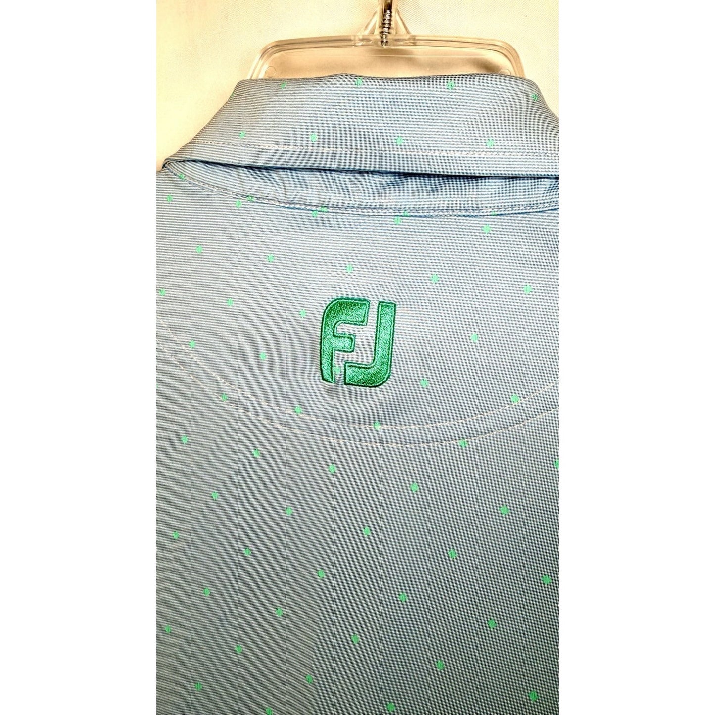 FootJoy FJ Polo Blue With Green Polka Dots WP Golf Course Crest Men’s Shirt L