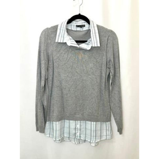 Adrianna Papell Layered Look Sweater Womens Medium Gray Knit Plaid Shirt Hem
