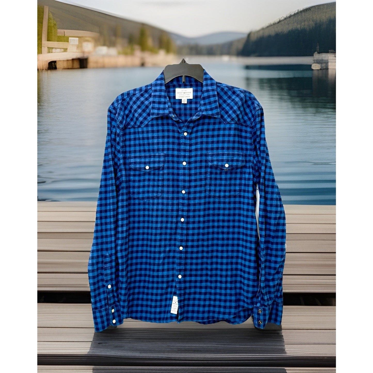 Lucky Brand Saturday Stretch Blue Plaid Men’s Large Pearl Snap Flannel Shirt