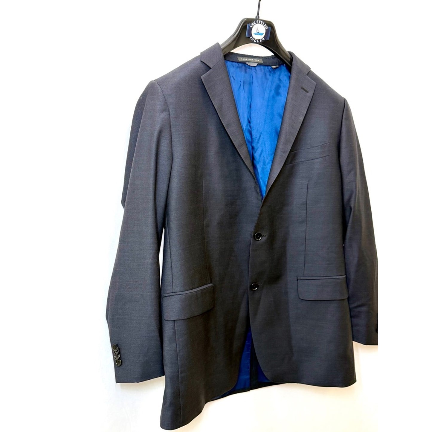 Indochino Mens Custom Suit Jacket Blazer Gray Blue Lining Two Button
